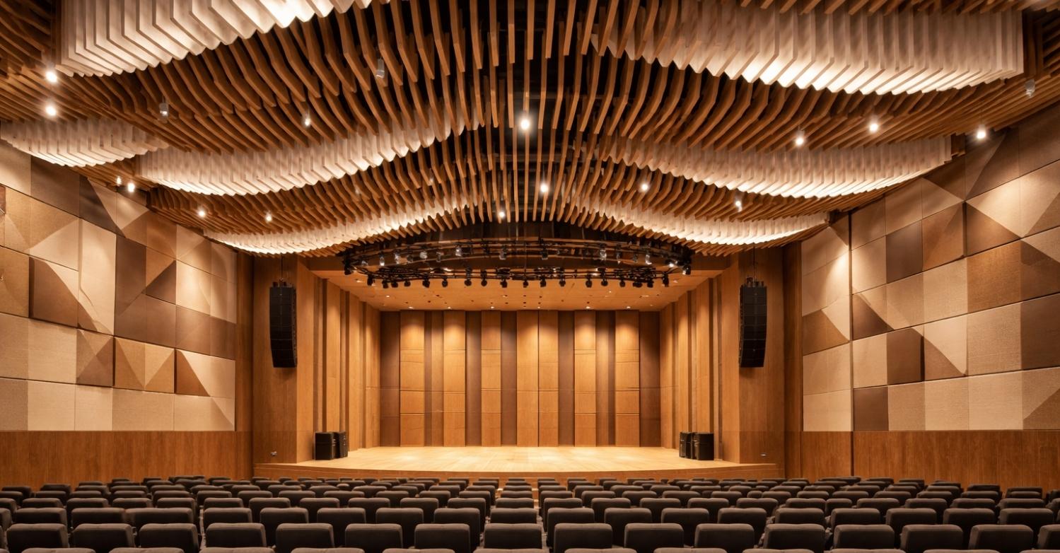 Ceiling acoustic treatment with baffles and panels for auditorium reverberation control
